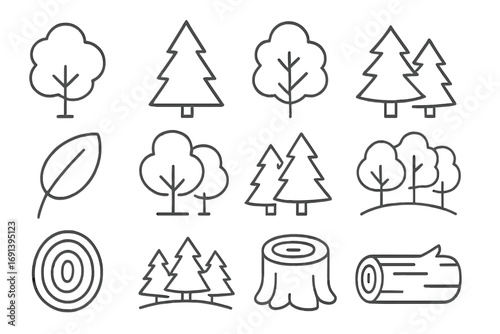 Trees forest wood icons set with editable stroke, vector cartoon style for UI design, placards, websites, books, cards, apps, nature symbols and environment elements