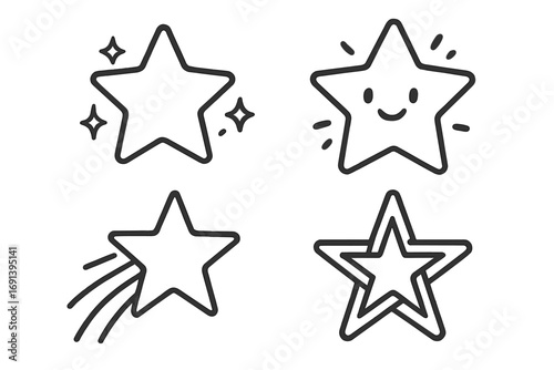Star icon set in simple line art style. Collection of black outline star symbols. Vector cartoon illustration of different stars: sparkling, cute kawaii face, and a shooting star.