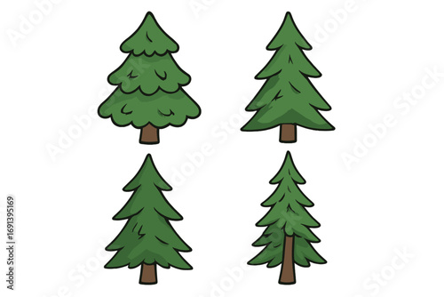 Cartoon evergreen pine trees collection, forest elements, editable stroke vector design for websites, cards, books, articles, isolated transparent background, nature set