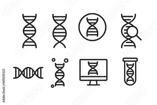 DNA line icon set. Genetics and biology symbol collection. Vector science, research, biotechnology, and chromosome pictogram. Gene molecule, helix, test tube, analysis icons.