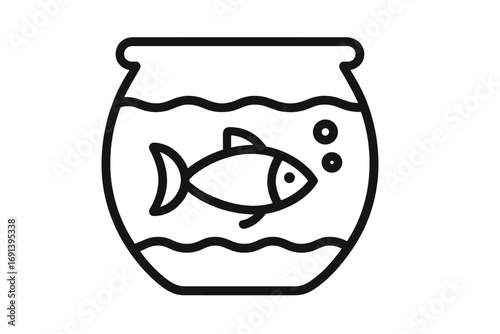 Fish in a fishbowl line icon. Goldfish pet concept. Simple aquatic animal in round glass aquarium. Minimalist vector illustration for web, apps, logo. Home pet care pictogram.