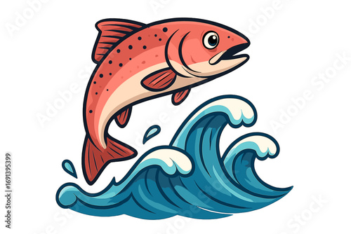 Jumping salmon fish on a sea wave. Vector icon of a wild trout for a seafood restaurant logo or fishing sport mascot. Freshwater wildlife cartoon character emblem design.