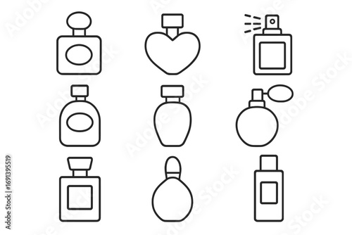 Perfume bottle line icon set. Vector collection of fragrance, cologne, and scent containers. Minimalist outline pictograms for beauty, cosmetics, and aromatherapy design.