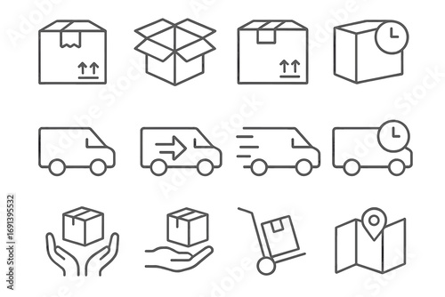 Shipping and logistics vector line icon bundle. Icons for package delivery, transport van, cargo box, fast courier service, order tracking, and e-commerce design elements.