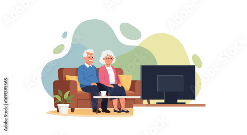 Happy Senior Couple Relaxing at Home Watching TV Together