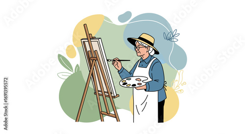 Senior Woman Painter Creating Art at Easel Artistic Hobby Illustration