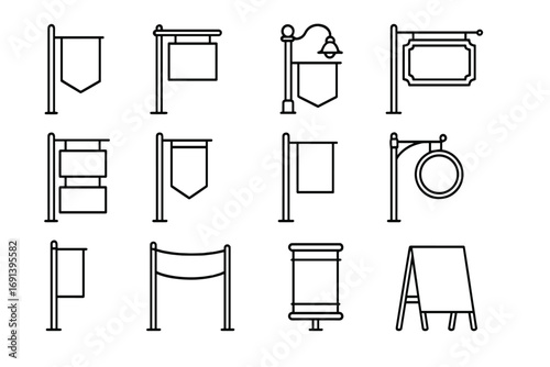 Signboard line icon set. Blank vintage shop signs and empty hanging banners for advertising. Street sign, A-frame, and billboard mockup templates. Vector outline design elements.
