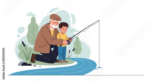 Grandfather Teaching Grandson Fishing by the River A heartwarming illustration