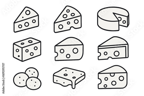 Cheese line icon pack. Minimal pictogram set for web, graphic design. Vector elements of dairy food products. Cheddar, parmesan, swiss cheese forms, slice, block, wedge.
