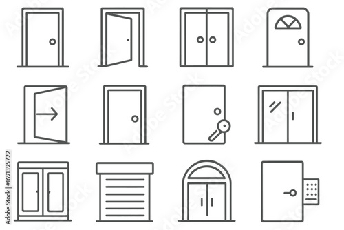 Door thin line icon set. Vector collection of various entry and exit signs, open and closed doors, key, lock, and security system symbols for websites, apps, and UI/UX.