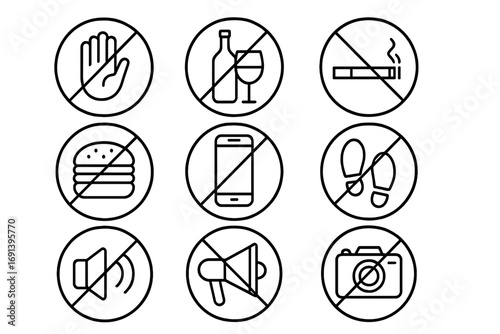 Prohibition signs icon set. Forbidden symbols collection. No smoking, no food, no alcohol, no phone, no entry, no camera, no noise. Warning vector icons for public places.
