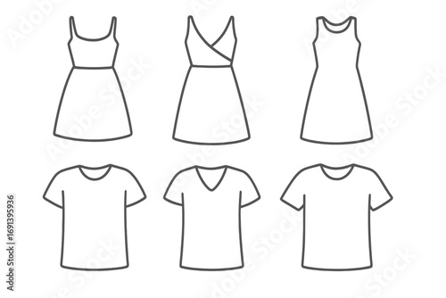 Dresses and T-shirts outline icon set. Simple linear image collection of summer clothes. Editable stroke vector illustration for web, apps, and print. Fashion apparel icons.