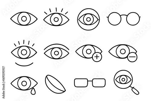Vision and eye care line icon collection. Ophthalmology, optometry, glasses, contact lens symbols. Vector graphic for hyperopia, myopia, eye exam, and optical store design.