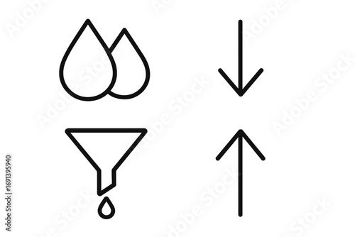 Water filter and data sorting icon set. Funnel with drop for liquid purification process. Up and down arrows for sorting, download, and upload. Minimalist line pictograms.