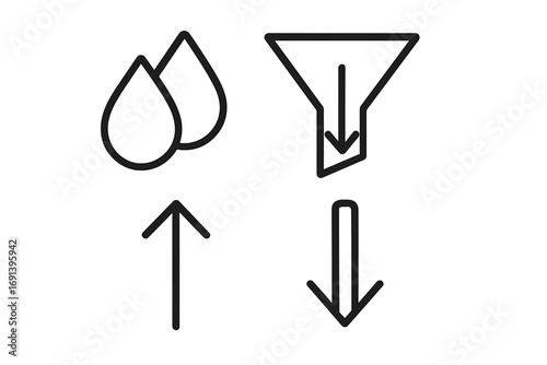 Minimalist icon set with filter funnel, water drops, and arrows. Vector pictograms for data filtering, upload, download, sorting, and liquid purification concepts.