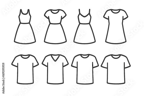 Dress and t-shirt line icon set. Fashion and clothing vector collection. Simple outline garment symbols for web, app, and print. Minimalist apparel illustration design.