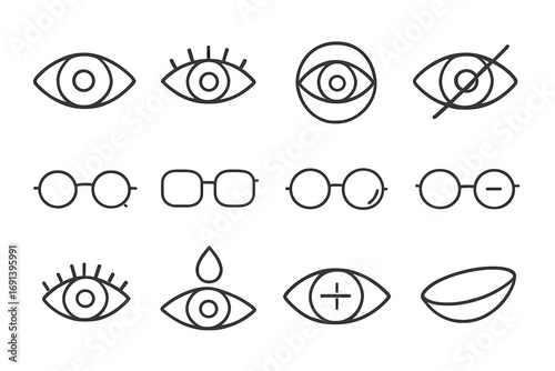 Eye care and vision correction line icon set. Ophthalmology and optometry outline symbols. Vector icons of glasses, contact lens, eye drops, blindness, farsightedness for web, app.