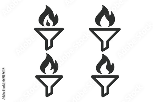 Sales funnel fire icon set. Hot leads, marketing conversion, and data filtering concept. Business process optimization symbol. Minimalist vector pictogram for web and apps.