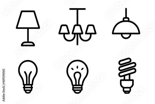 Lighting line icon set. Lamp, light bulb, chandelier, and home decor pictograms. Vector linear symbols for electricity, energy, and interior design concepts for web or apps.