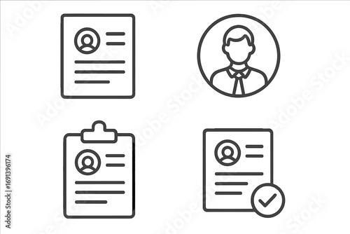 Resume icon set. CV, curriculum vitae symbol. Human resources, hiring, recruitment concept. Job application, employee profile. Personal data document. User avatar line icon.