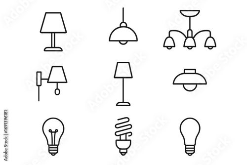 Lamp and light bulb line icon collection. Home lighting and interior design pictogram set. Electricity symbol. Vector graphic for web, app, ui, ux design. Chandelier, sconce.