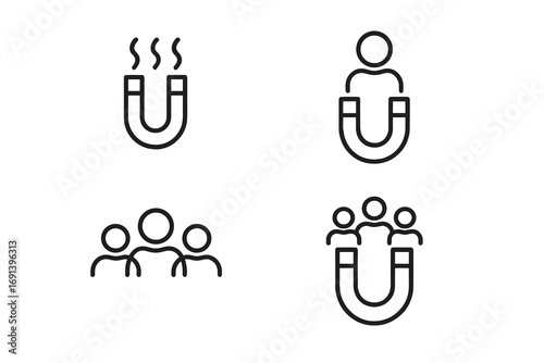 Customer attraction icon set. Lead generation magnet symbol. Inbound marketing and client retention concept. Engaging new users and audience. Vector line icons for business.