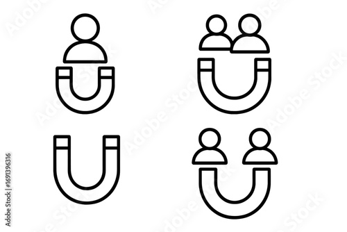 Customer attraction and retention linear icon set. Lead generation magnet concept. Inbound marketing strategy. Engaging and acquiring new clients and users symbol.