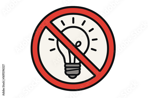 No idea icon. Prohibited light bulb. Ban on creativity. Forbidden to think. Stop innovation concept. Bad idea metaphor. No electricity or power outage symbol. Simple vector cartoon.