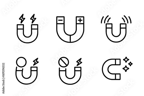 Set of magnet line icons. Horseshoe magnet outline symbols. Concepts of attraction, influence, lead generation, customer engagement, power, polarity, and magnetic field vector.