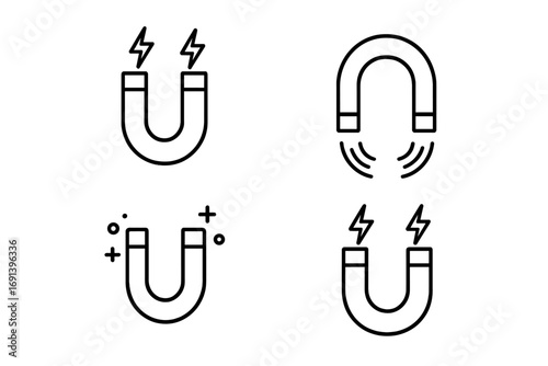 Set of magnet outline icons. Linear horseshoe magnet symbols. Metaphor for customer attraction, marketing, lead generation. Concept of magnetic field, power, and energy force.