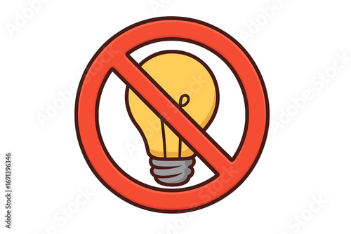 No ideas vector icon. Light bulb in a red crossed-out circle. Prohibition of creativity, thinking and innovation sign. Ban on a solution or a new thought concept.