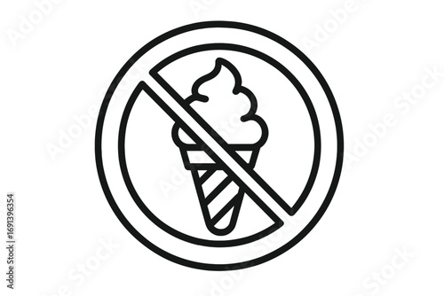 No ice cream prohibited sign icon. Outline vector symbol for warning, restriction, or no food areas. Simple line art illustration for web, print, and interfaces. Forbidden cold dessert pictogram.