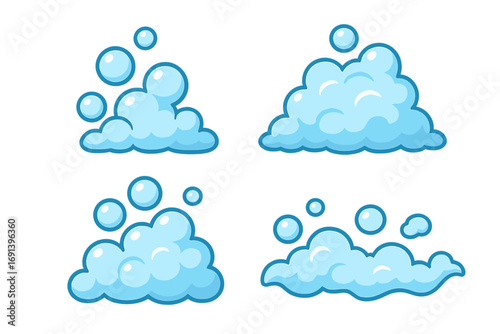 Cartoon soap foam and bubbles vector set. Collection of isolated blue lather, suds, and fizz for washing concept. Clean water icon illustration for graphic design.