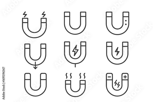 Magnet icon set. Collection of horseshoe magnet outline icons for concepts like attraction, magnetic field, power, physics, and electricity. Simple vector for web and UI.