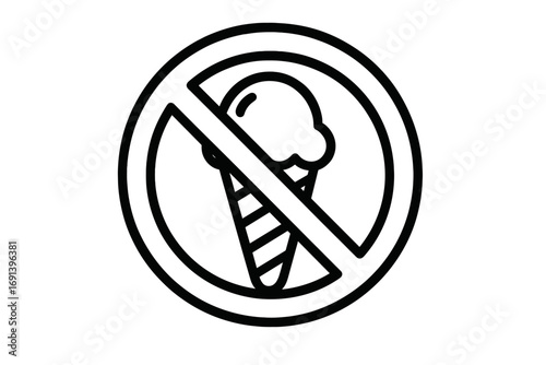 No ice cream allowed vector line icon. Prohibition food sign, forbidden dessert symbol. Concept for diet, allergy, lactose intolerance. Simple outline graphic illustration.