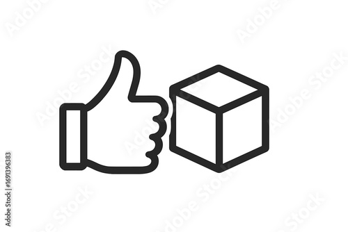 Thumbs up icon with cube box 3D shape, approval symbol, like gesture vector illustration, isolate outline for apps, graphics, concept design, transparency background