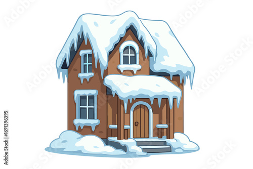 Cartoon house covered in snow and icicles. Vector illustration of a frozen winter cottage. Isolated building for Christmas or holiday design. Real estate icon concept.