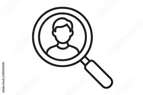Linear vector illustration of user profile in magnifying glass, search icon, user identification concept, social media avatar, analytics, digital user focus, transparent background