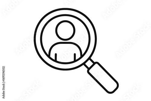 Linear vector illustration of user icon inside magnifying glass, concept of user search, profile detection, data analysis, digital identification for apps and graphics design