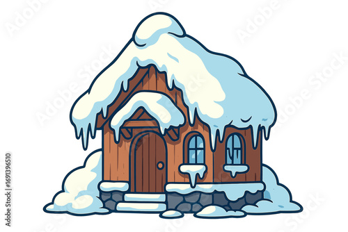 Winter house icon. Snowy wooden cottage covered in snow. Cartoon vector illustration of a cozy frozen hut. Christmas season clipart for holiday cards, web design or books.