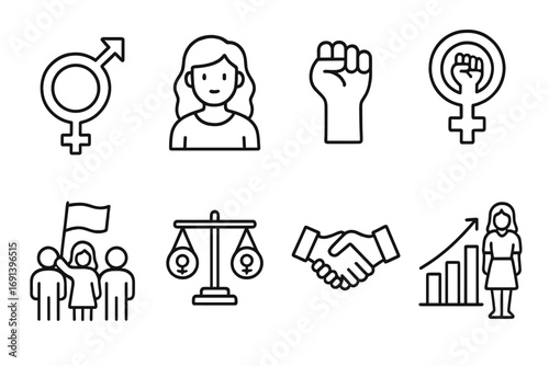 Gender equality and feminism line icon set. Women rights, empowerment, and protest symbols. Vector collection for social justice, girl power, equality and diversity concepts.
