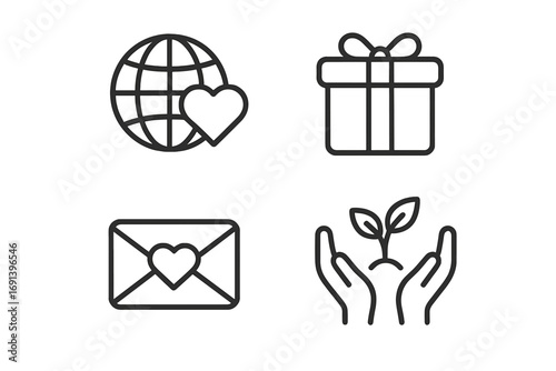 Charity and donation thin line icon set. Volunteering, help, and love concept symbols. Pictograms of giving, care, global support. Globe, heart, gift, plant in hands.