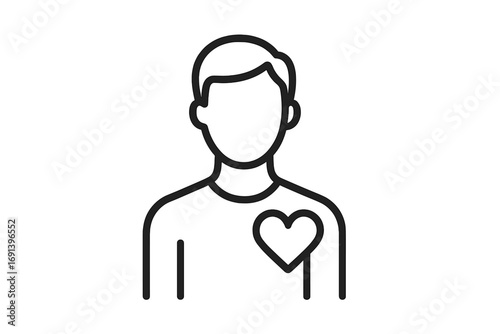 Minimalistic man icon with heart symbol, love and care concept, line art vector illustration for web, apps, social media, banners, cards, health and relationships design