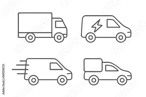 Delivery truck, van, and car icon set. Thin line vector symbols for shipping, logistics, and transport. Includes electric vehicle, express delivery, and cargo freight icons.