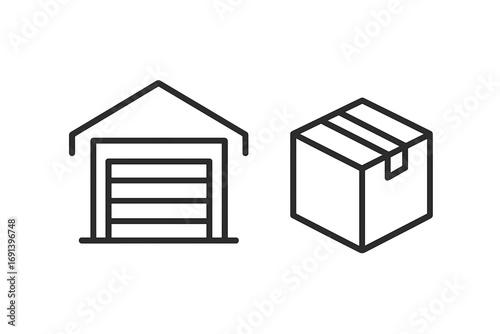 Warehouse and package icon. Thin line vector graphic for logistics, shipping, delivery. Symbol for storage, distribution center, inventory, cargo, and e-commerce. Parcel, box, and garage.
