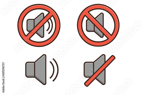 Microphone prohibited icon set with red line, no sound sign, mute audio symbol, sound off button, interface and advertisement vector cartoon illustration, transparent background