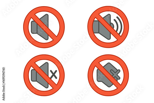 Prohibited microphone icon set, mute sound symbol, no audio, silent mode, sound off, volume muted, interface design, cartoon vector illustration, transparent background