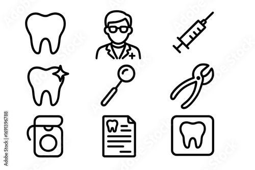 Dentist and stomatology line icon set. Dental care, oral hygiene concept. Tooth, doctor, syringe, floss, x-ray, forceps, prescription, and dental mirror vector symbols.