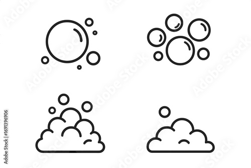 Soap foam and bubbles icon set. Simple line art symbols for bath, shampoo, and laundry. Vector illustration of suds, lather, effervescent water, and fizzy soda pop.