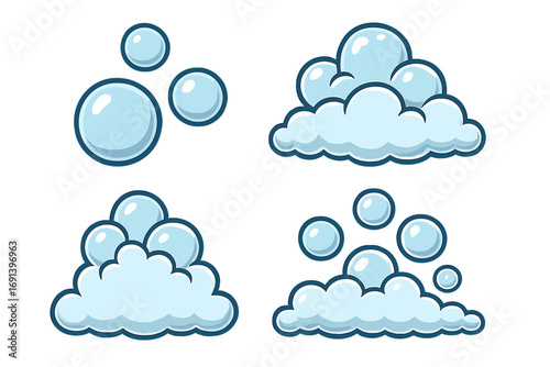 Bubble and foam vector icon set for design. Cartoon illustration of soap suds, water lather, or fizzy drink bubbles. Blue effervescent aqua shapes for a cleaning concept.